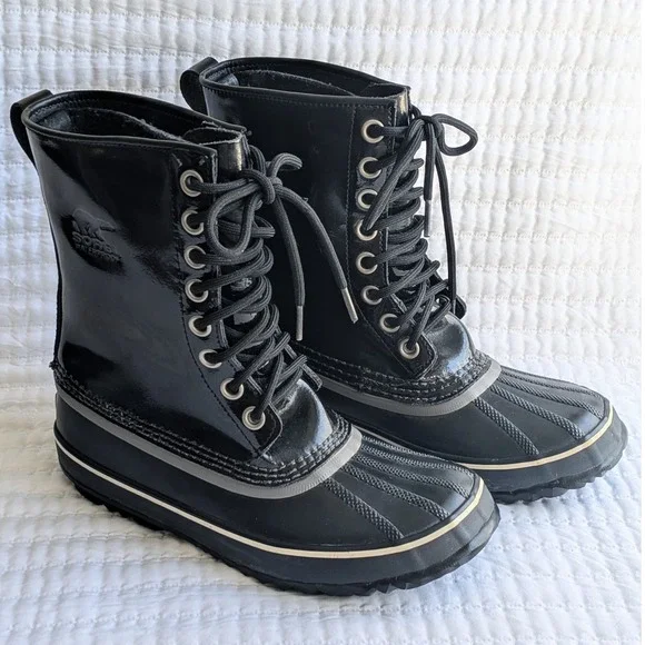 Sorel Dahlia Waterproof Patent Leather Mid Calf‎ Lace Up Snow Boots Black US 9