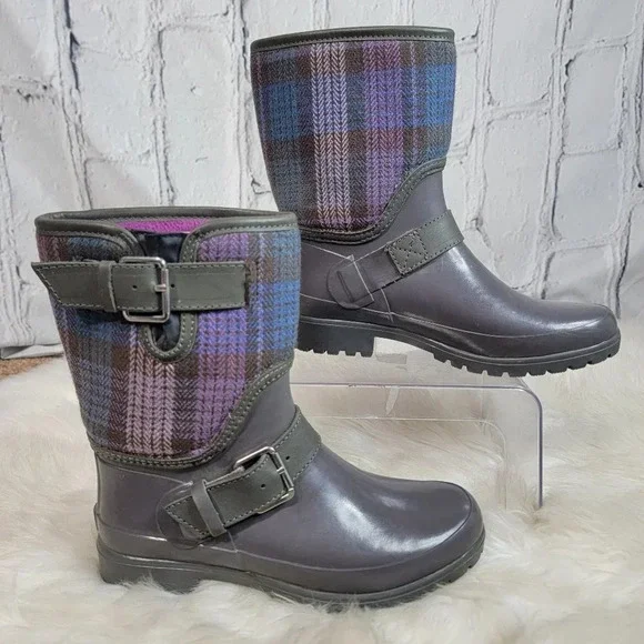 Sperry Rain Boots ‎ Womens 6 Plaid Fabric Rubber Waterproof Outdoor Preppy Cute