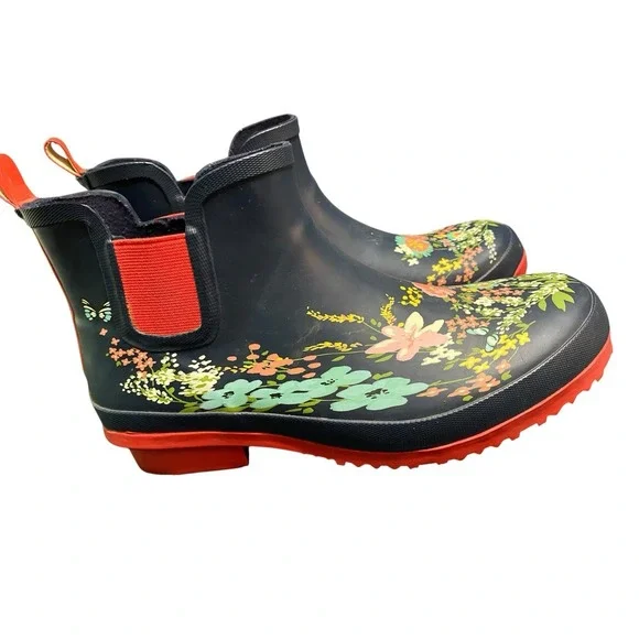 GARDENLINE Women's Floral Rain Boots Size 9 Navy Blue Red Ankle Garden Chelsea