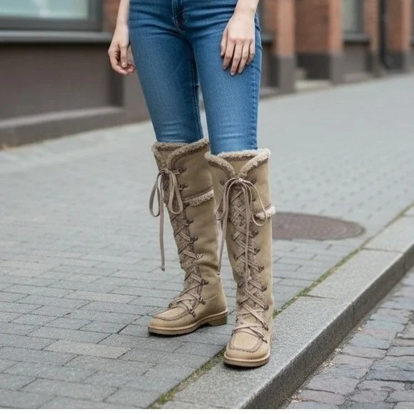 Cole Haan Tan Leather Shearling Lined Tall Lace Up Boots Zip Scalloped Trim W7.5