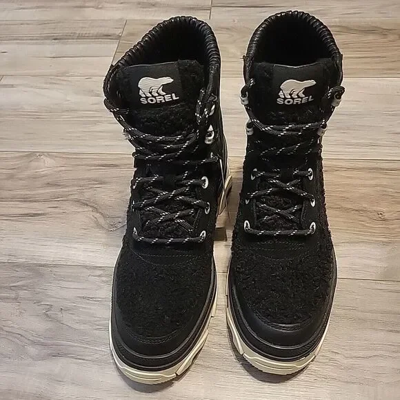 Sorel‎ Brex Boot Lug Sole Size 6 Black Faux Shearling Waterproof NEW