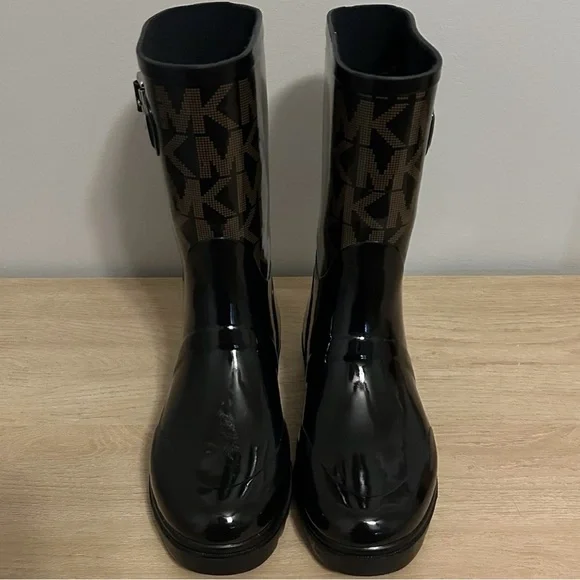 Michael Kors Monogram Print Black and Brown Buckle‎ Rain Boots Preppy Luxe Style