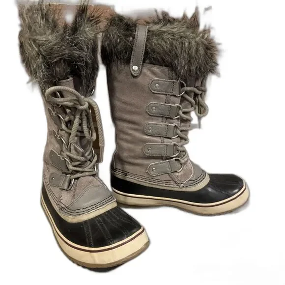 Sorel Joan of Arctic Tall Snow Boots Waterproof Leather Fur Trim Gray Women sz 6