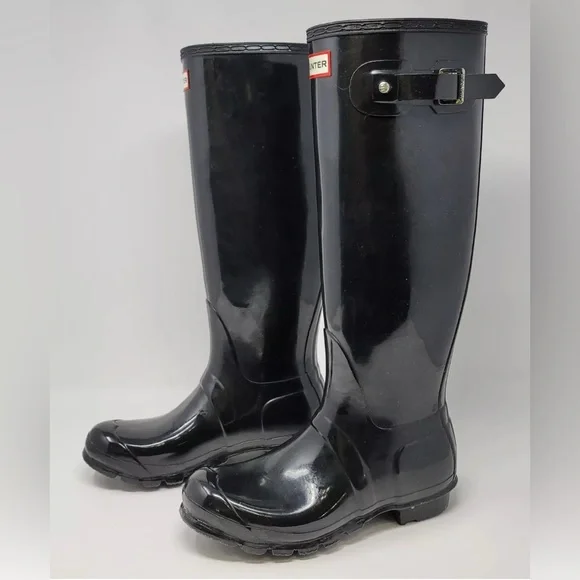 Hunter Gloss Black Tall Women's Rain Boots with Side Buckle