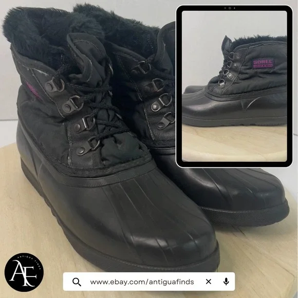 Sorel Kaufman Canada Womens Boots Winter Black Fur Lined Insulated Waterproof 10