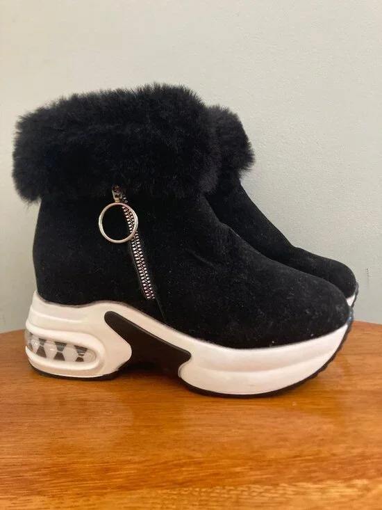 Faux Fur-Trimmed Black Wedge Ankle Boots With Air Cushion Sole Y2K, Gorpcore
