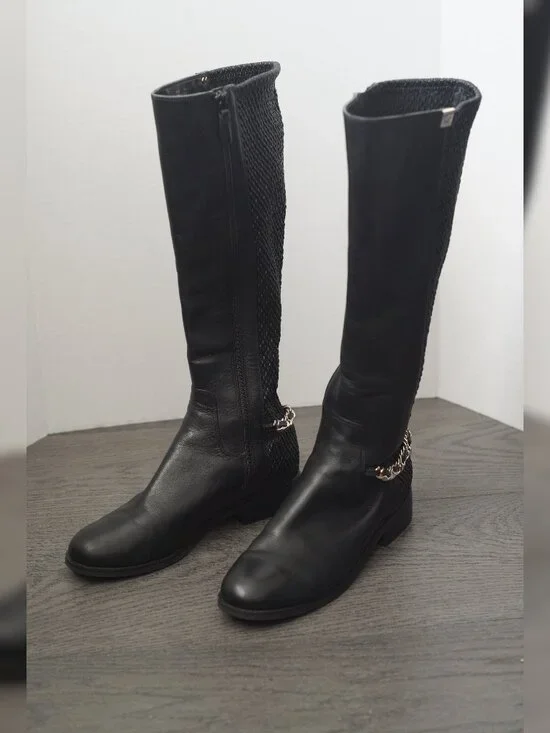 Authentic Cole Haan Idina Black Leather Stretch Gold Chain Tall Boots 8.5B