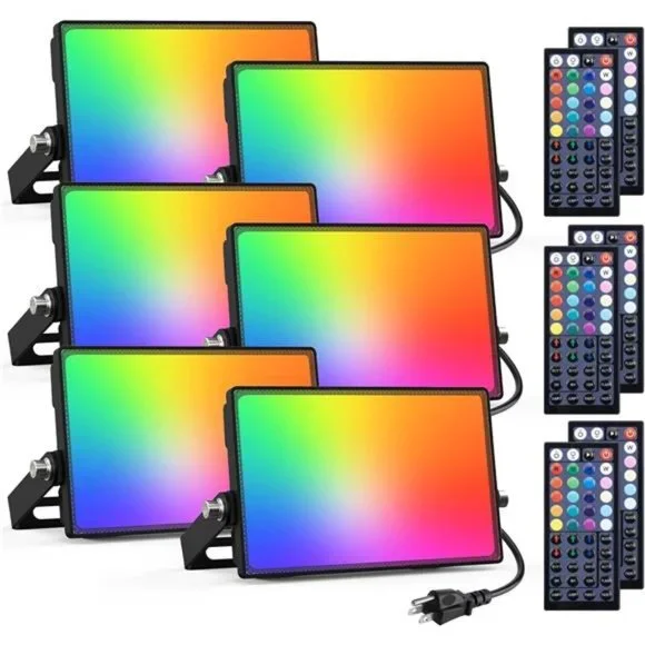 6 Pack RGB LED Flood Light Outdoor 500W Equivalent, Color Changing with Remote