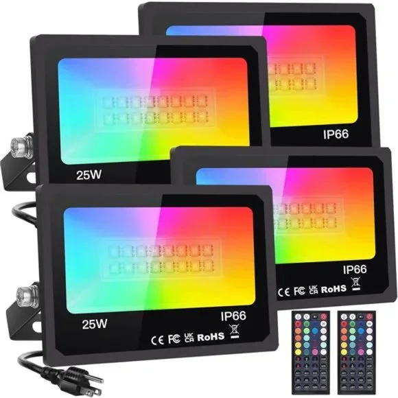 LED Flood Light Outdoor 25W 4 Pack, Color Changing RGB Party Light with Remote