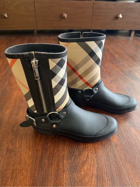 Burberry Black & Beige Plaid Harness Rain Boots