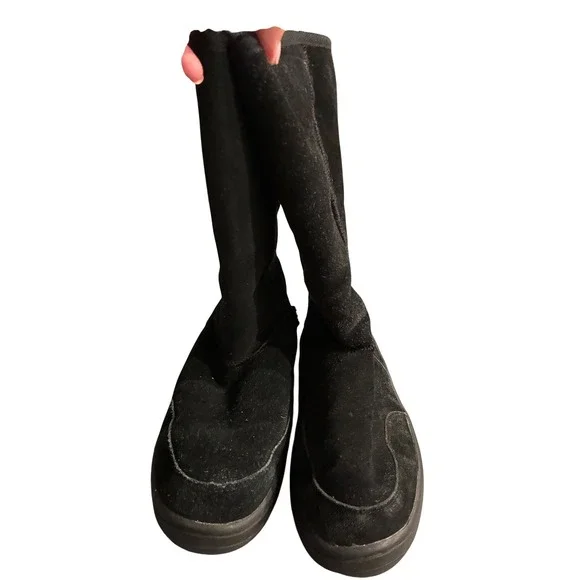 UGG Australia Black Suede Pony Hair Braided Embroidery Tall Boots Women Lug Sole
