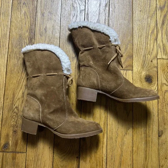 Hush Puppies Brown Suede Shearling Lined Mid Calf Boots Vintage Made in USA 6M