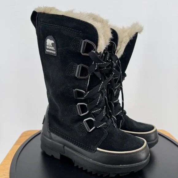 Sorel Tivoli Explorer Waterproof Lace Up Winter Boots Black Faux Fur Womens 5