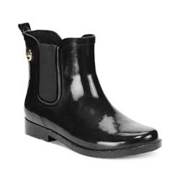 MK Michael Kors Black Silver Charm ankle rubber rain boots logo