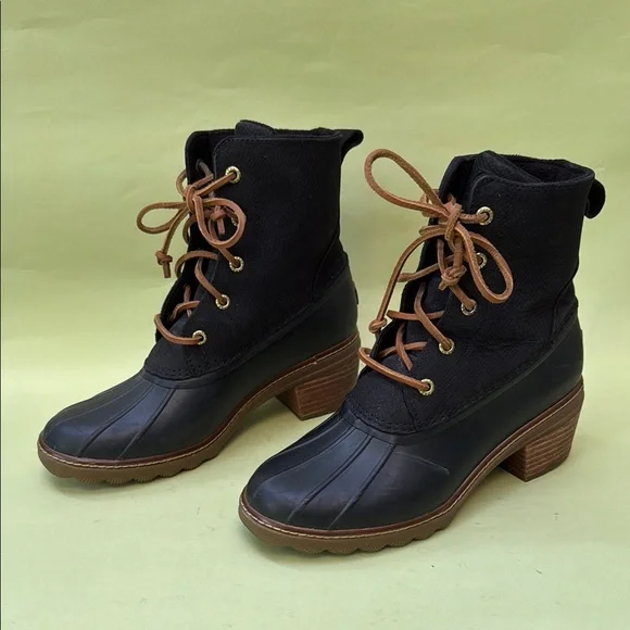 Sperry Black and Brown Winter Rain Boots with Chunky Heels