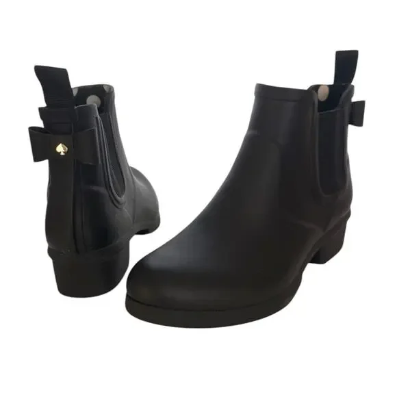 Kate Spade Rain Boot Ankle Chelsea Black Low Block Heel Pull On 6