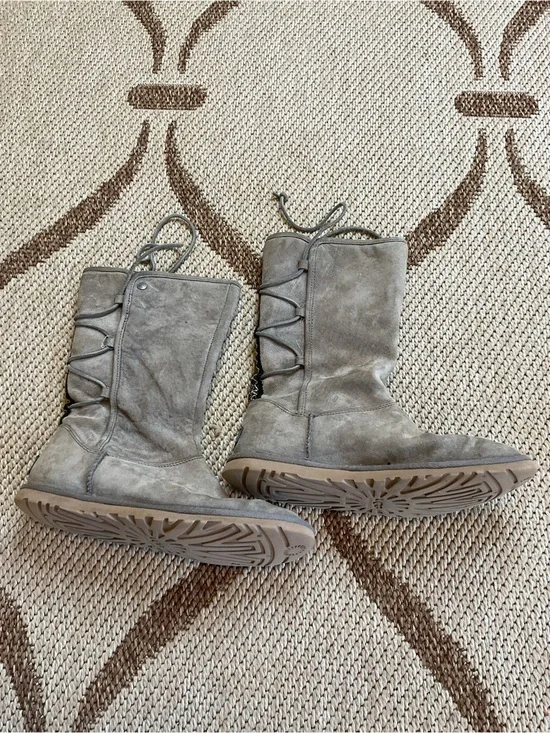 Ugg Women's Mid-Calf Suede Winter Boots in Gray with Lace-Up Detail