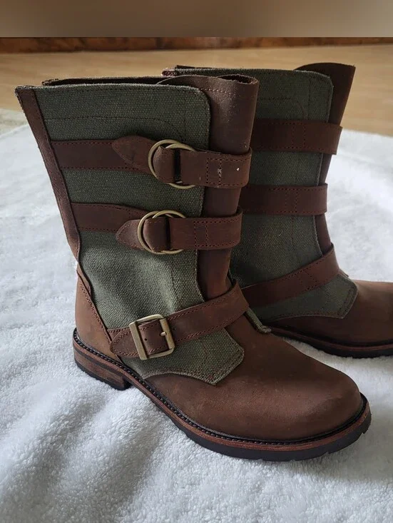 Brown Leather and Olive Canvas Buckle Boots