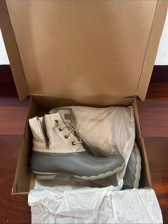 Sperry Canvas and Rubber Duck Boots in Beige and Gray