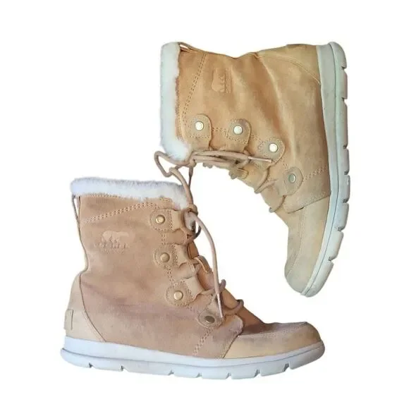 Sorel Boots Women's 9.5 Tan Suede Leathwr Joan Explorer Rain Winter Snow Fur