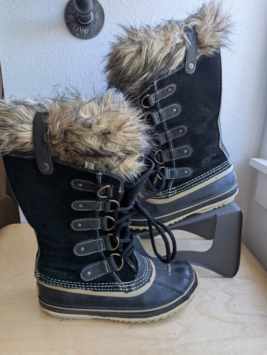 Sorel Joan of Arctic Waterproof Winter Boots Black Faux Fur Trim Women's Size 7