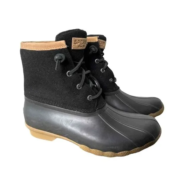 Sperry Duck Boots 7.5 Waterproof Warm Wool Lace Up Rain Snow Cabin Casual Black