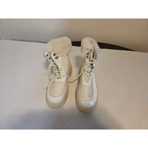 Olivia Miller Womens White Faux Fur Trim Lace Up Winter Combat Boots Size 9