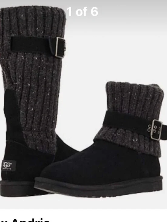 UGG Black Suede Tall Knit-Trim Boots with Buckle