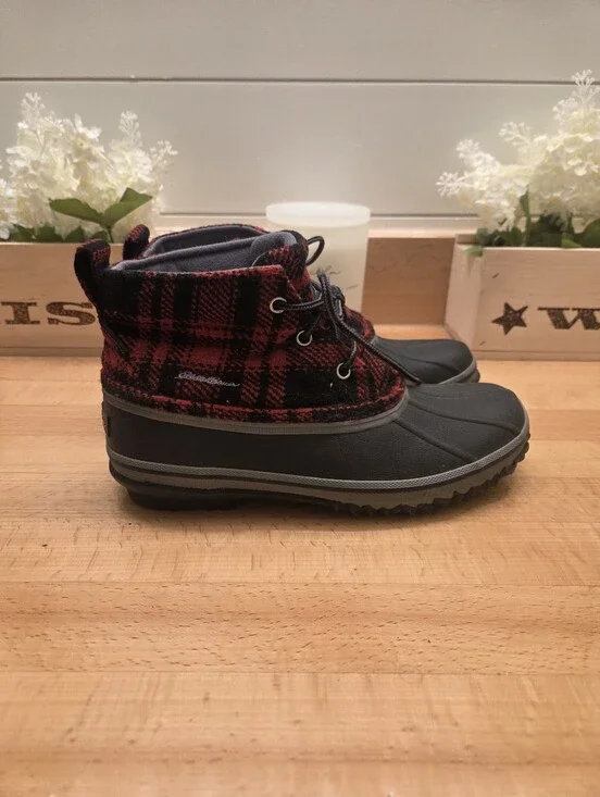 Eddie Bauer Hunt Pac Mid Duck Boots Red/Black Buffalo Plaid Women's Sz 7.5