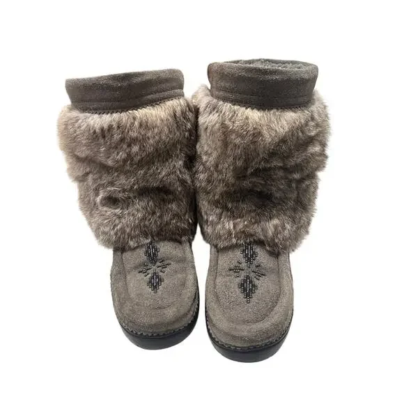 Waterproof Snowy Owl Mukluk Boots - Gray Beaded Suede with Rabbit Fur