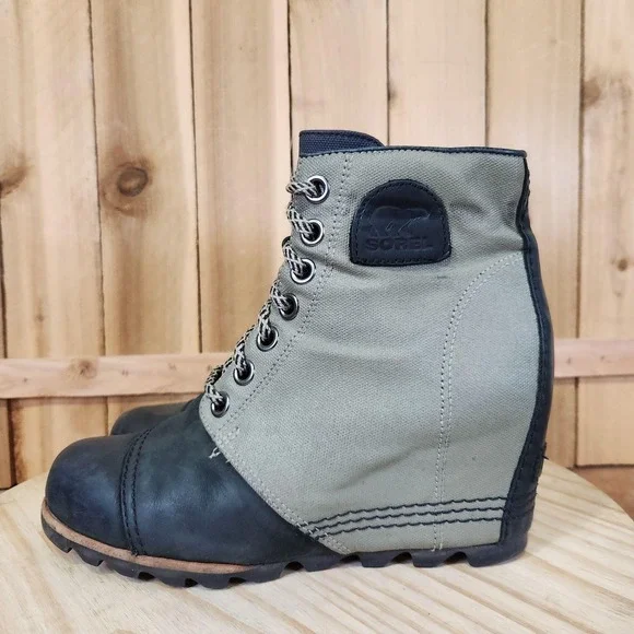 Sorel PDX Wedge Boots Womens 9 Green Canvas Lace Up Booties Winter Waterproof