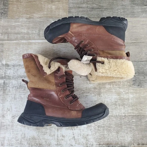 UGG Australia Kids Butte Boots Sz 5 Youth Brown Leather Shearling‎ Waterproof