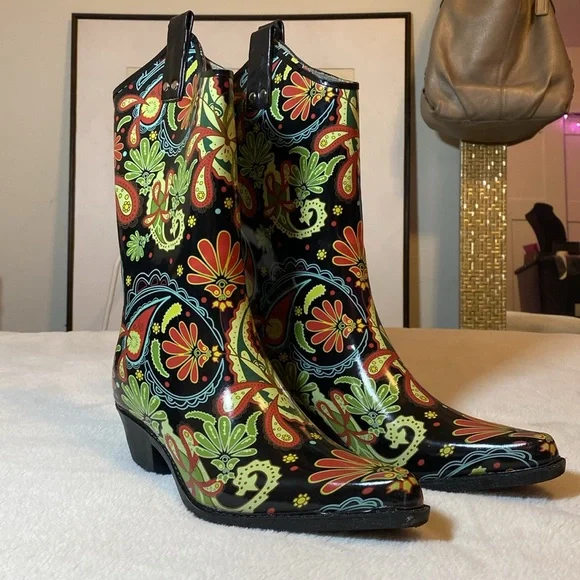 Nomad Black Floral Paisley Rain Boots with Multicolor Accents