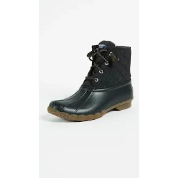 Sperry Saltwater Quilted Duck Rain Boots Women 8 Black Waterproof Preppy Coastal