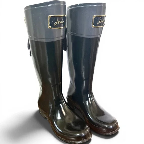 Joules Evedon Rain Boots Womens 8 Black Bow Back Waterproof Tall
