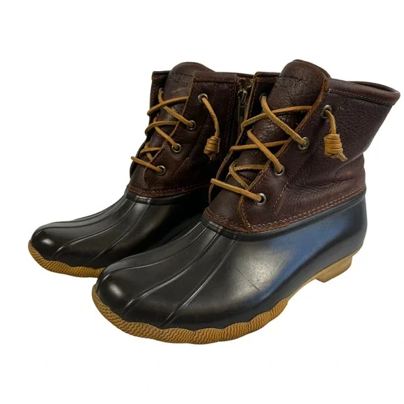 Sperry Women's 7.5 Duck Boots Brown Leather‎ Rubber Waterproof Winter Rain Boots