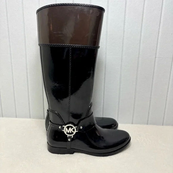 Michael Kors Fulton Tall Rain Boots Black‎ and brownSize 8