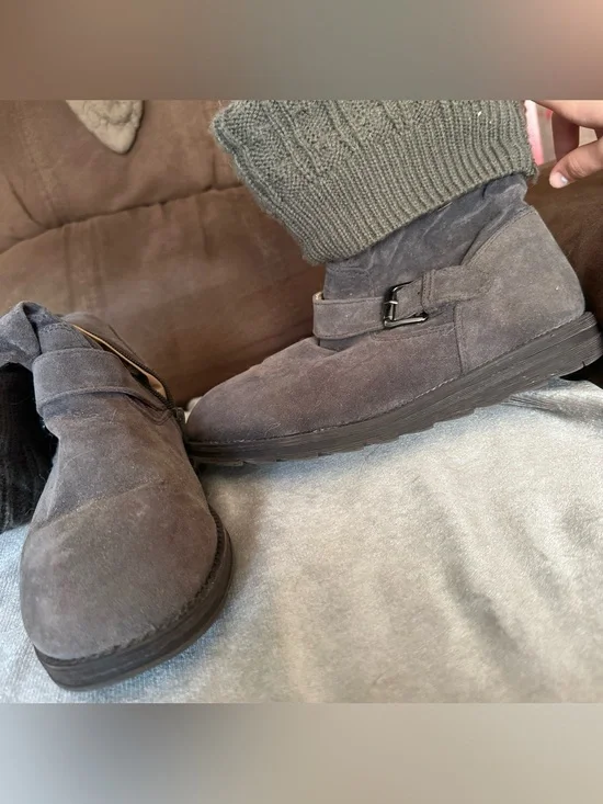 Women’s Gray Suede Slip-On Boot with Buckle