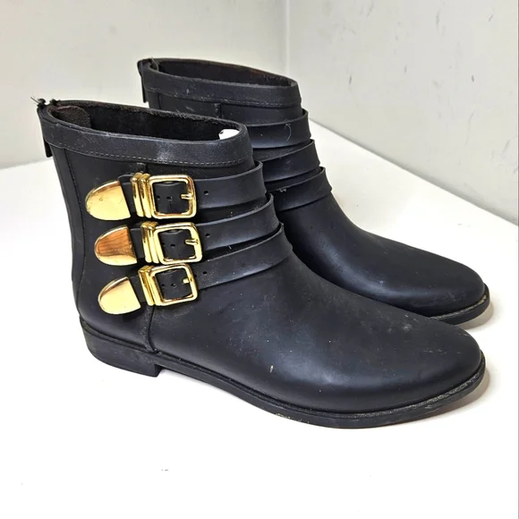 Randall Loeffler Rubber Rain Boots Black Gold Buckles Ankle Booties 8