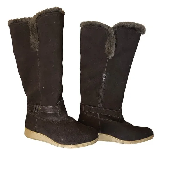 Lands' End Tall Winter Boots Womens‎ 9D Brown Suede Faux Fur Excellent