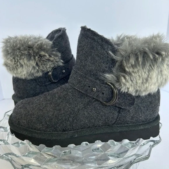BEARPAW Women's Gray Wool Blend‎ Faux Fur Cuff Winter Ankle Boots Size 6