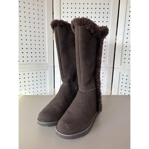Lands' End Fuzzy Lined Tall Faux Suede‎ Brown Boots Winter Snow Women's 6B