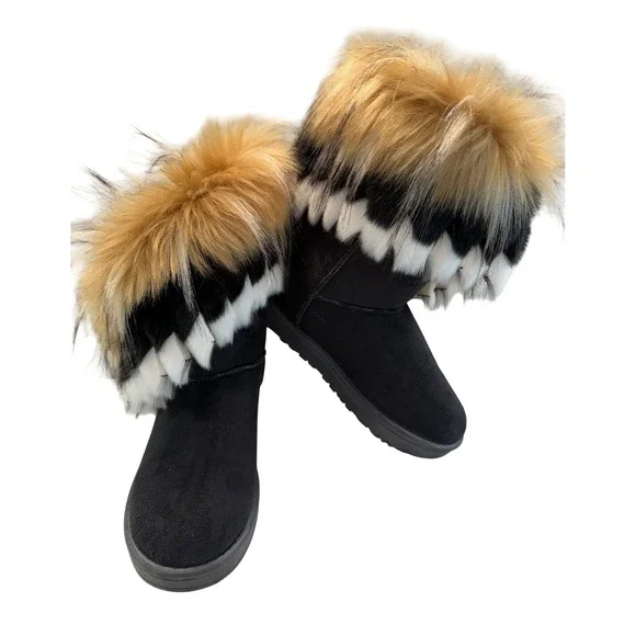 Fashion Faux Fur Trim Snow Boots Womens 40 Black Tan White Suede‎ Style Winter