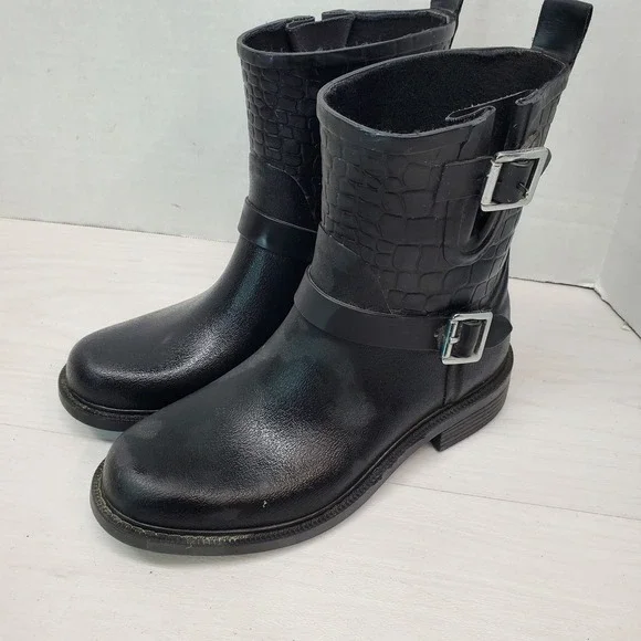Sam Edelman Black Faux Croc Buckle Moto Rain Boots Womens‎ Size 6