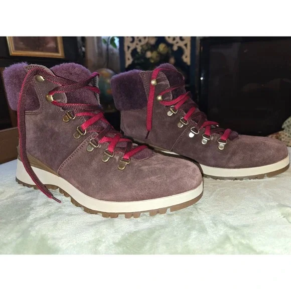 Bionica Diablo All Weather Suede Hiking Boots Plum‎ Burgundy Faux Fur Trim Women