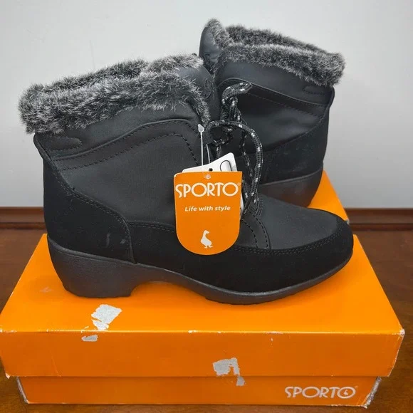 Sporto Lilian Womens Black Lace Up Ankle Boots Faux‎ Fur Trim Size 7M New In Box