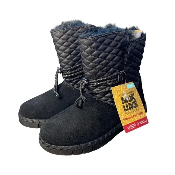 Muk‎ Luks Flexi Bridgehampton Black Quilted Suede Fur Lined Winter Boots Size 7