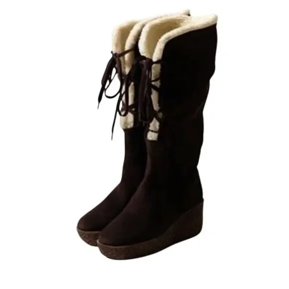 Michael Kors Suede Shearling Wedge Boots Brown Sz 7 NWT Cond