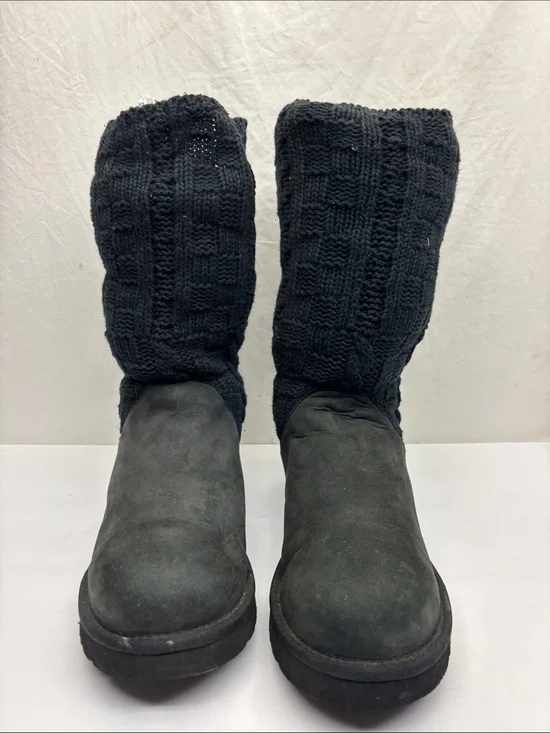 UGG Black Knit Cuff Suede Boots, SZ 10, box 70