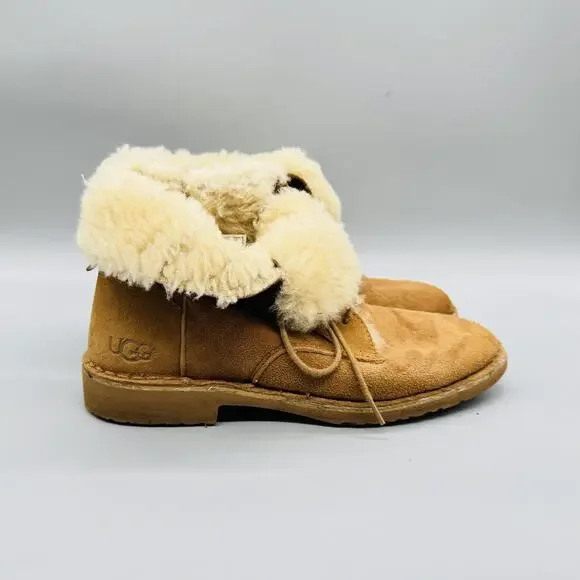 UGG Boots Womens 8 Brown Suede Quincy Shearling Lined Lace Up Ankle Winter Shoes